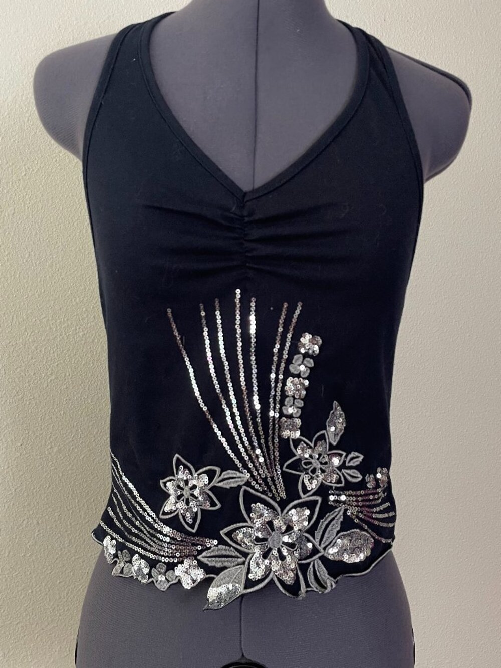 Black and silver sequin floral embroidered halter top fairy y2k whimsigoth boho